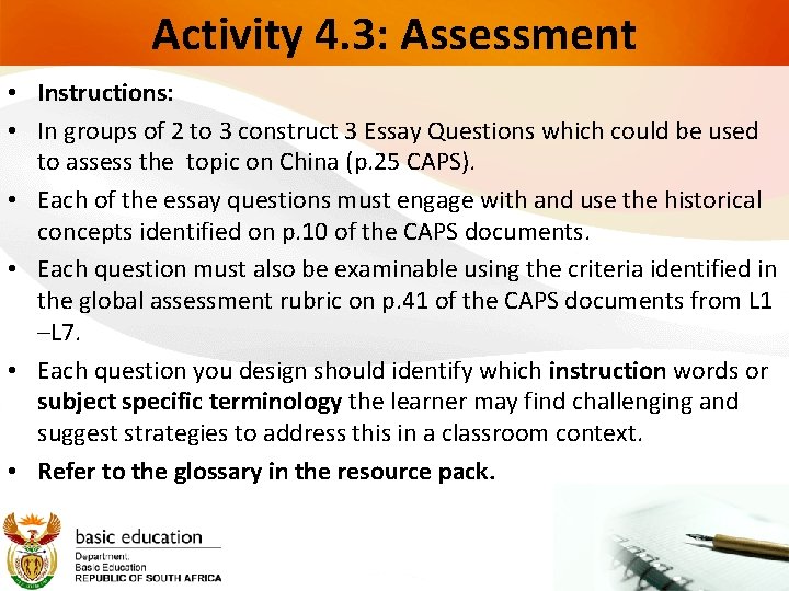 Activity 4. 3: Assessment • Instructions: • In groups of 2 to 3 construct Activity 4. 3: Assessment • Instructions: • In groups of 2 to 3 construct