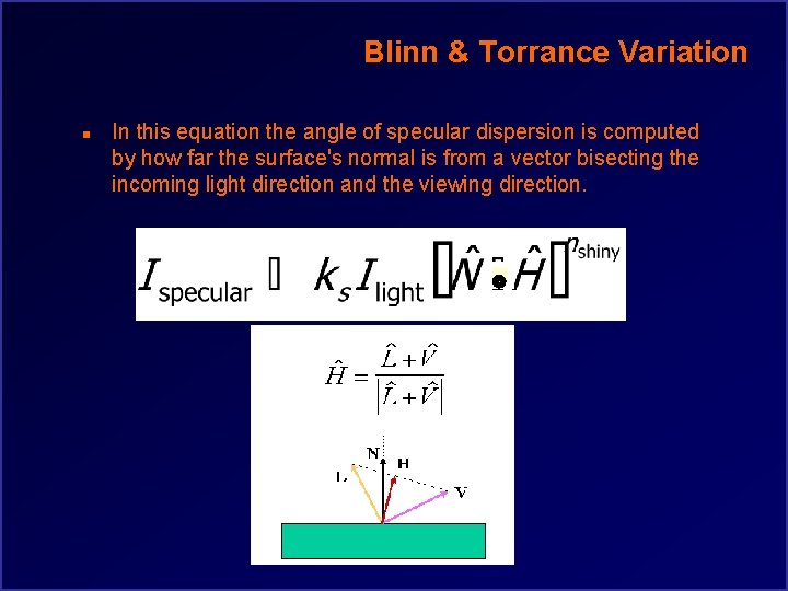 Blinn & Torrance Variation n In this equation the angle of specular dispersion is