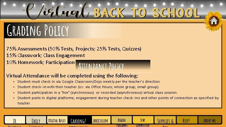 Grading Policy 75% Assessments (50% Tests, Projects; 25% Tests, Quizzes) 15% Classwork; Class Engagement