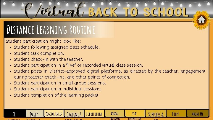 Distance Learning Routine Student participation might look like: ▪ Student following assigned class schedule. Distance Learning Routine Student participation might look like: ▪ Student following assigned class schedule.