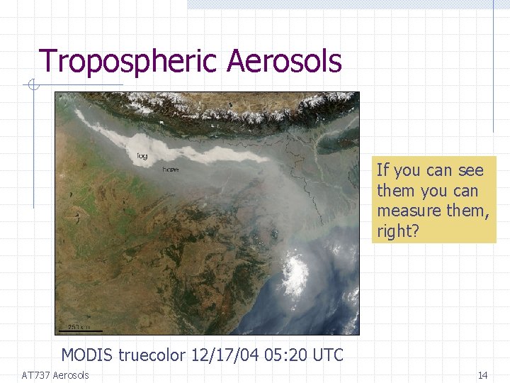 Tropospheric Aerosols If you can see them you can measure them, right? MODIS truecolor