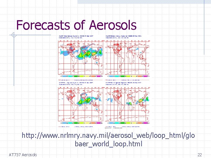 Forecasts of Aerosols http: //www. nrlmry. navy. mil/aerosol_web/loop_html/glo baer_world_loop. html AT 737 Aerosols 22