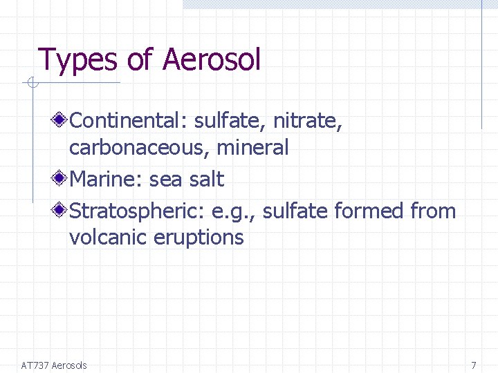 Types of Aerosol Continental: sulfate, nitrate, carbonaceous, mineral Marine: sea salt Stratospheric: e. g.
