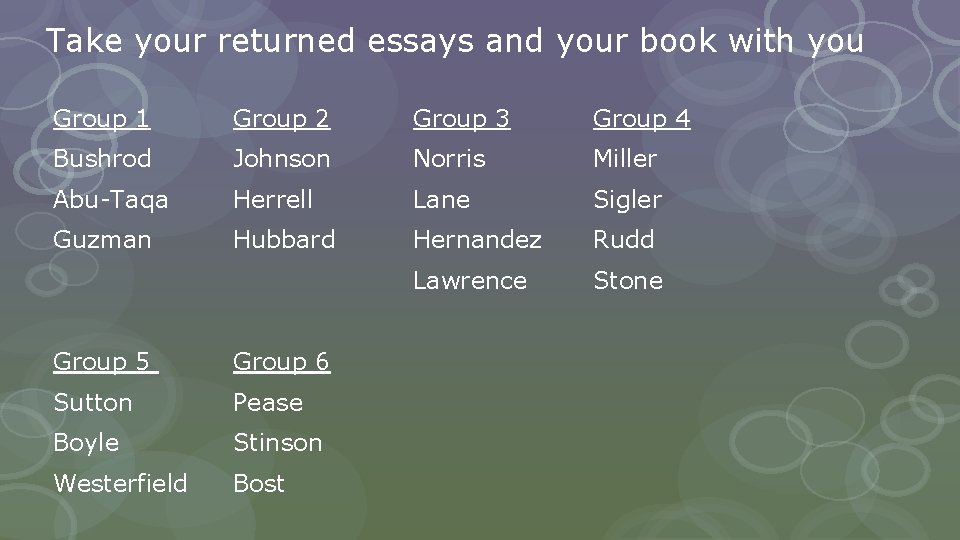 Take your returned essays and your book with you Group 1 Group 2 Group
