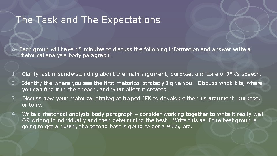 The Task and The Expectations Each group will have 15 minutes to discuss the