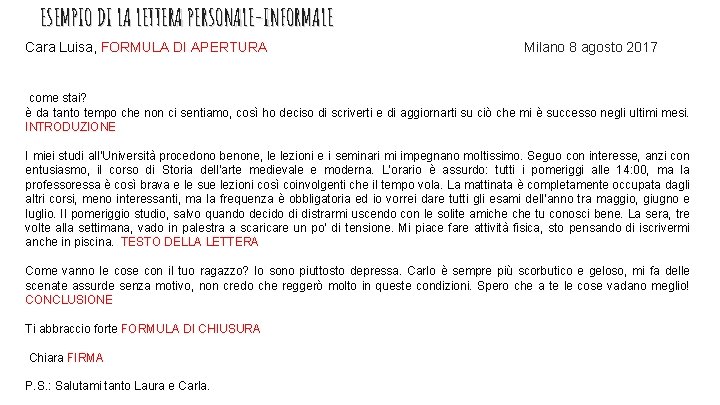 ESEMPIO DI LA LETTERA PERSONALE-INFORMALE Cara Luisa, FORMULA DI APERTURA Milano 8 agosto 2017