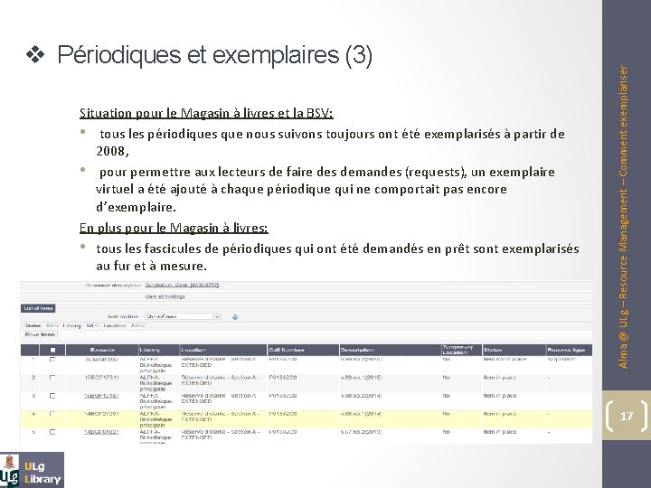 Situation pour le Magasin à livres et la BSV: • tous les périodiques que