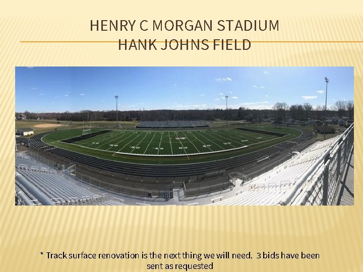 HENRY C MORGAN STADIUM HANK JOHNS FIELD * Track surface renovation is the next