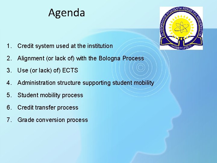 Agenda 1. Credit system used at the institution 2. Alignment (or lack of) with