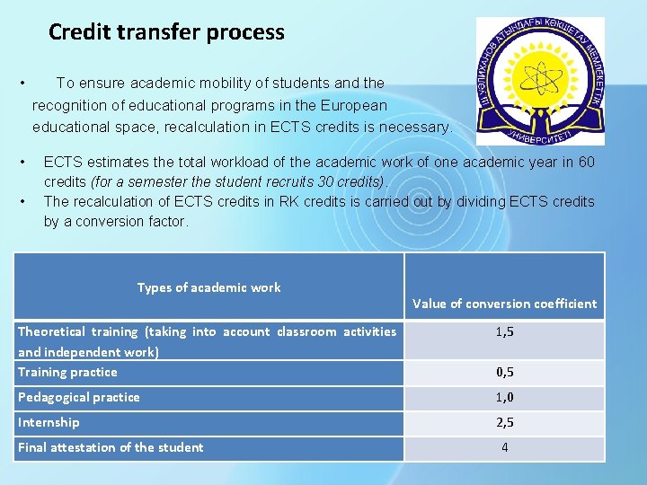 Credit transfer process • • • To ensure academic mobility of students and the