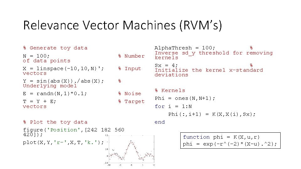 Relevance Vector Machines (RVM’s) % Generate toy data N = 100; of data points