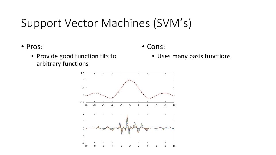 Support Vector Machines (SVM’s) • Pros: • Provide good function fits to arbitrary functions Support Vector Machines (SVM’s) • Pros: • Provide good function fits to arbitrary functions