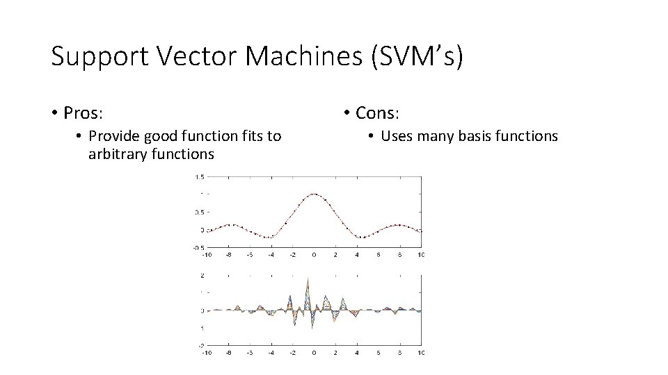 Support Vector Machines (SVM’s) • Pros: • Provide good function fits to arbitrary functions