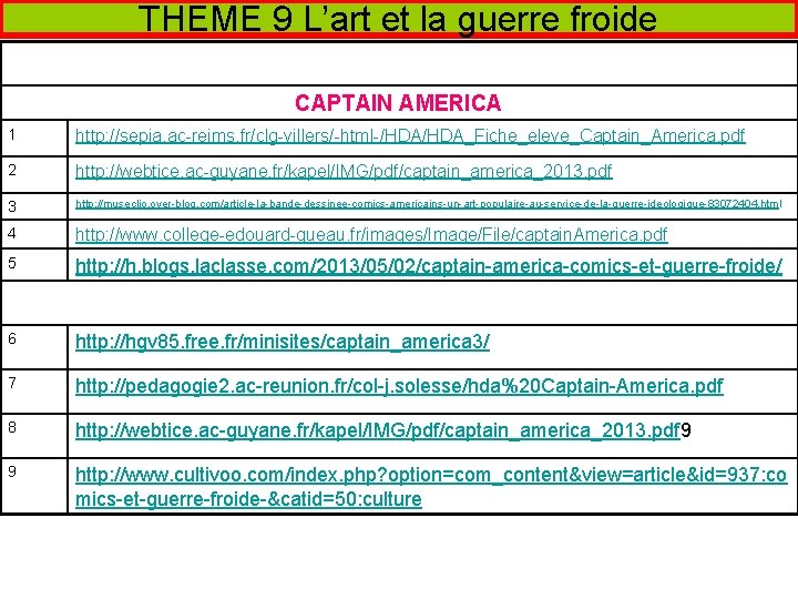 THEME 9 L’art et la guerre froide CAPTAIN AMERICA 1 http: //sepia. ac-reims. fr/clg-villers/-html-/HDA_Fiche_eleve_Captain_America.