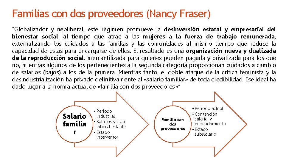Familias con dos proveedores (Nancy Fraser) “Globalizador y neoliberal, este régimen promueve la desinversión