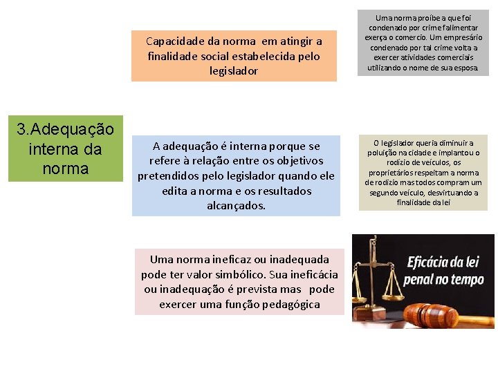 Capacidade da norma em atingir a finalidade social estabelecida pelo legislador 3. Adequação interna