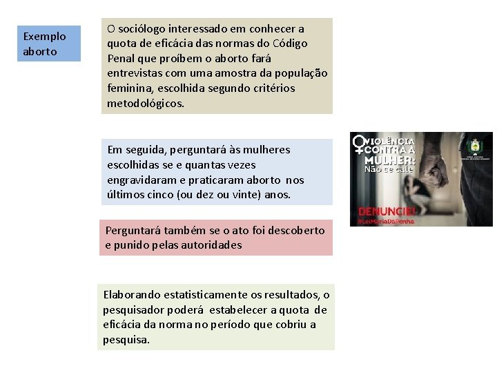 Exemplo aborto O sociólogo interessado em conhecer a quota de eficácia das normas do
