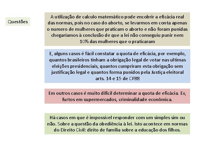Questões A utilização de calculo matemático pode encobrir a eficácia real das normas, pois