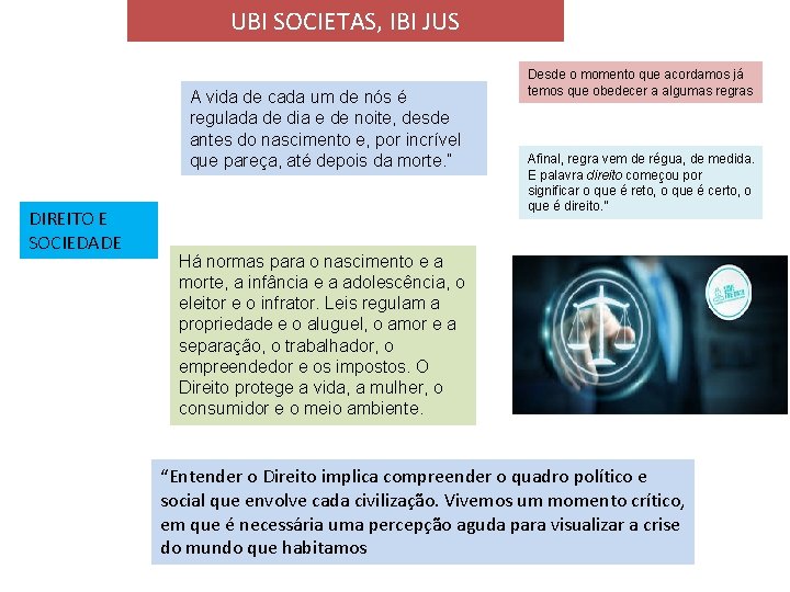 UBI SOCIETAS, IBI JUS A vida de cada um de nós é regulada de