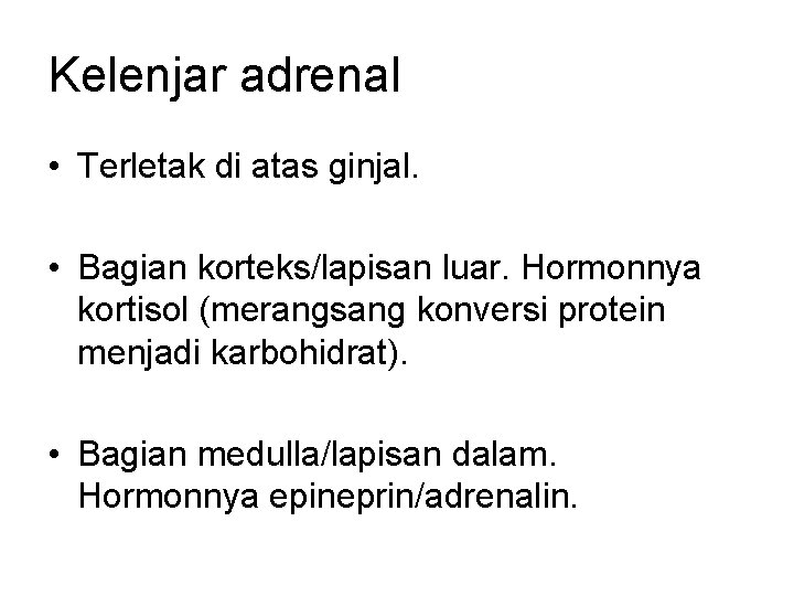 Kelenjar adrenal • Terletak di atas ginjal. • Bagian korteks/lapisan luar. Hormonnya kortisol (merangsang