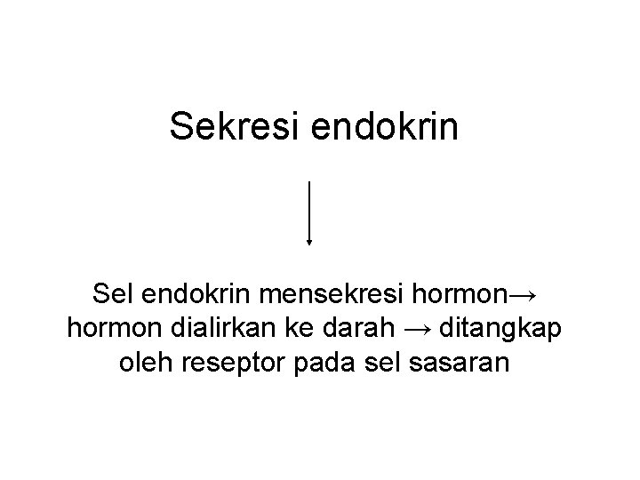 Sekresi endokrin Sel endokrin mensekresi hormon→ hormon dialirkan ke darah → ditangkap oleh reseptor