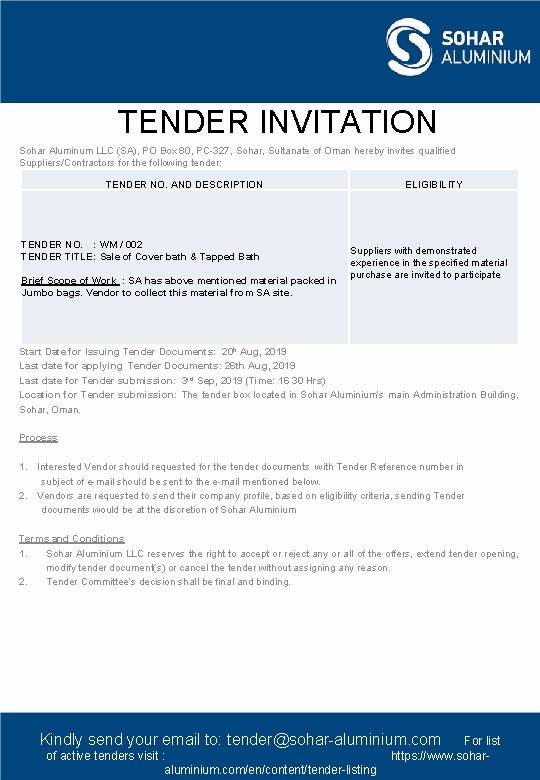 TENDER INVITATION Sohar Aluminum LLC (SA), PO Box 80, PC-327, Sohar, Sultanate of Oman