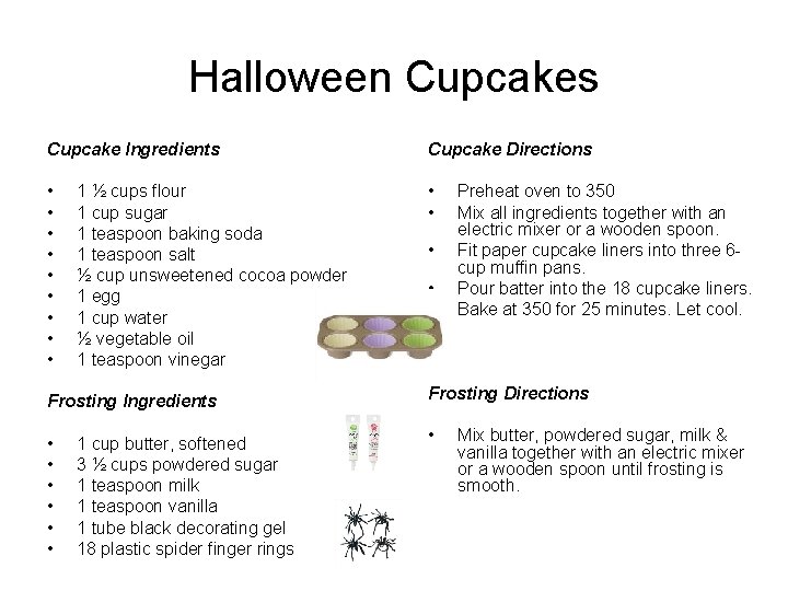Halloween Cupcakes Cupcake Ingredients Cupcake Directions • • • 1 ½ cups flour 1