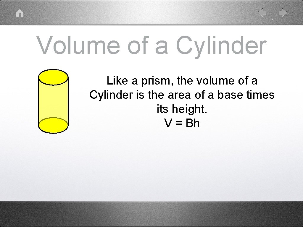 Volume of a Cylinder Like a prism, the volume of a Cylinder is the