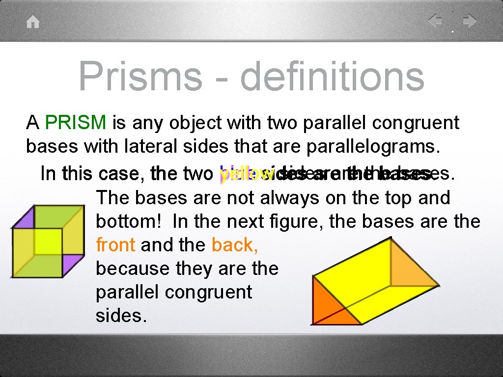 Prisms - definitions A PRISM is any object with two parallel congruent bases with