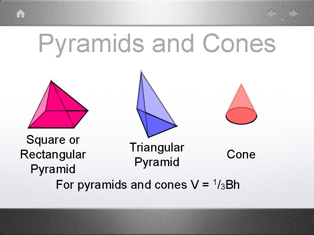 Pyramids and Cones Square or Triangular Rectangular Cone Pyramid For pyramids and cones V