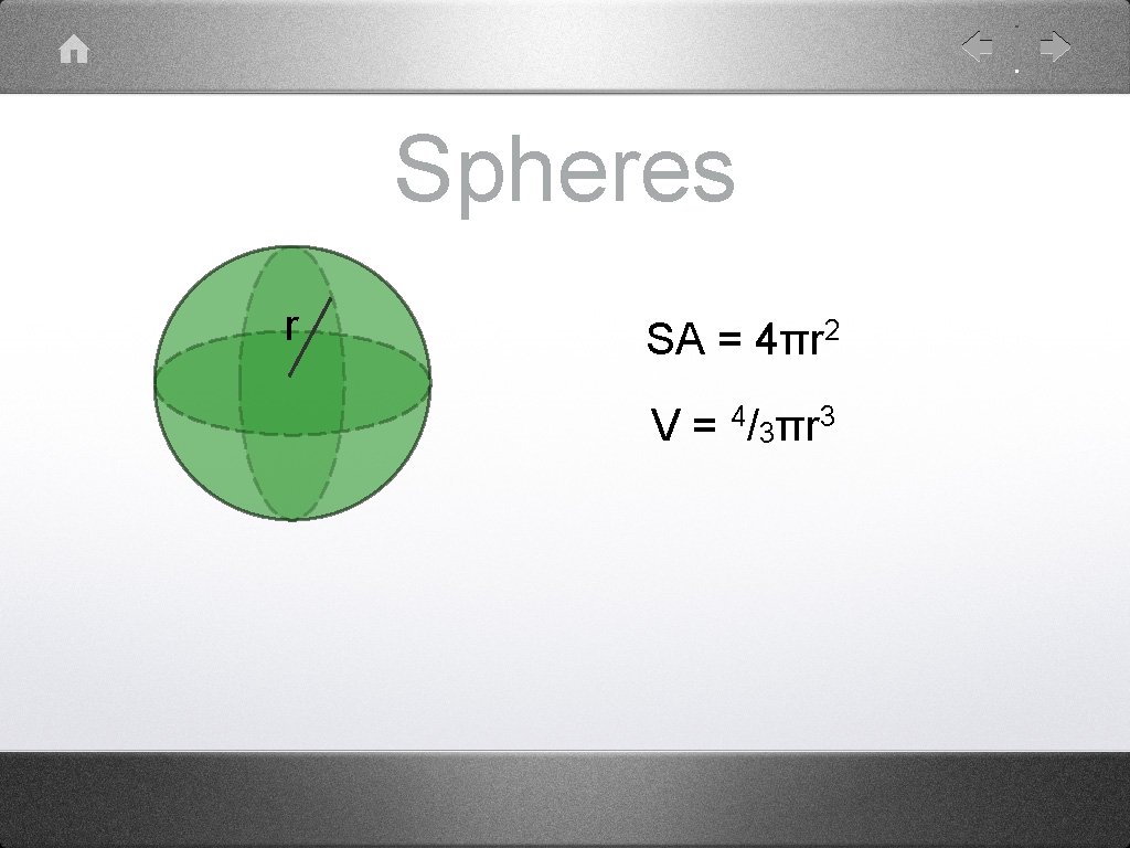 Spheres r SA = 4πr 2 V = 4/3πr 3 