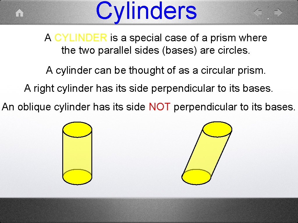 Cylinders A CYLINDER is a special case of a prism where the two parallel