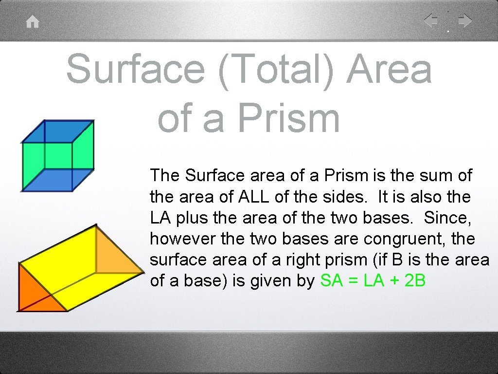 Surface (Total) Area of a Prism The Surface area of a Prism is the