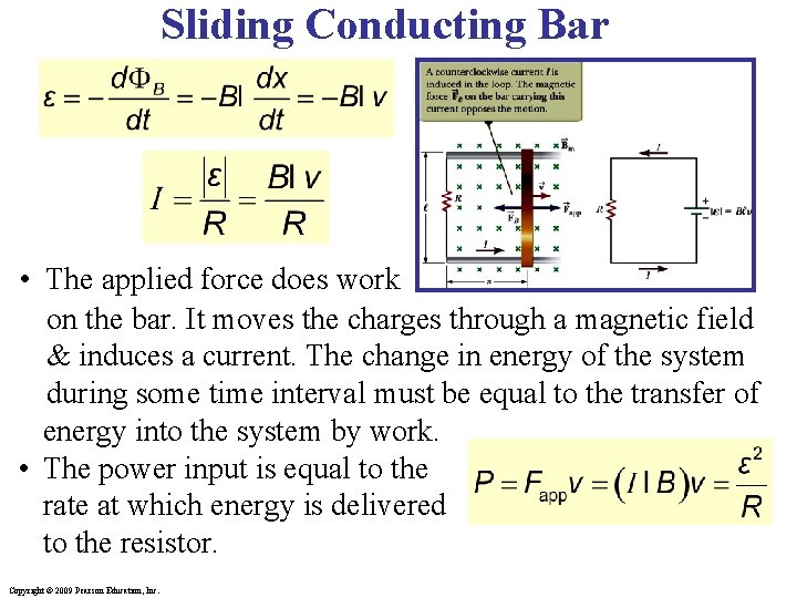 Sliding Conducting Bar • The applied force does work on the bar. It moves
