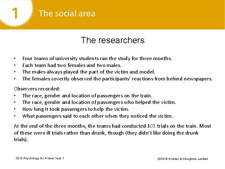 The social area The researchers • • Four teams of university students ran the