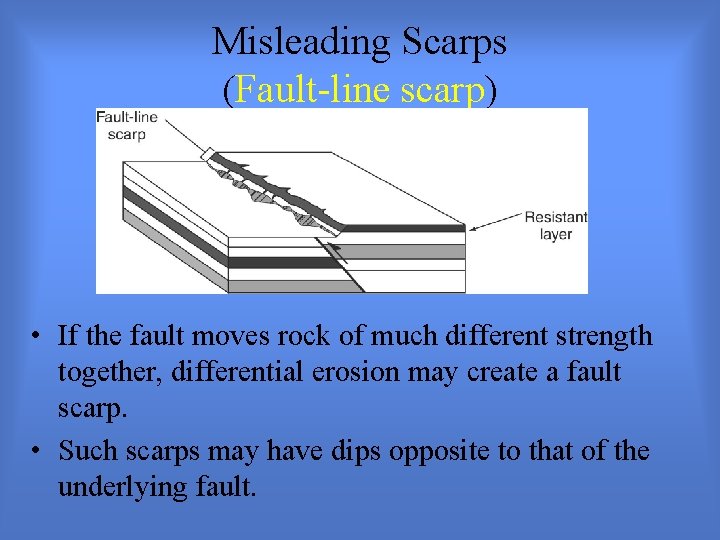 Misleading Scarps (Fault-line scarp) • If the fault moves rock of much different strength