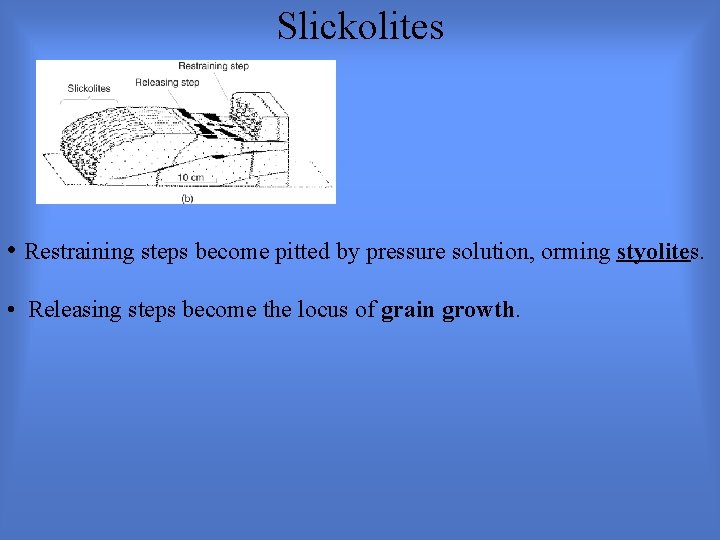 Slickolites • Restraining steps become pitted by pressure solution, orming styolites. • Releasing steps