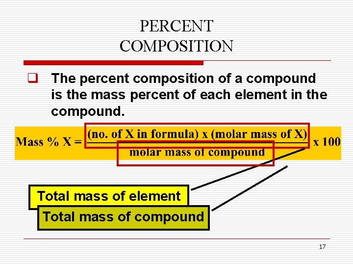 PERCENT COMPOSITION q The percent composition of a compound is the mass percent of PERCENT COMPOSITION q The percent composition of a compound is the mass percent of