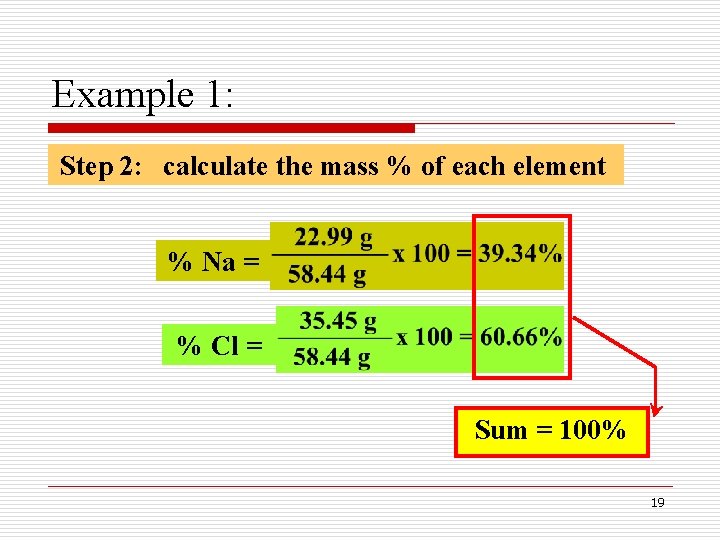 Example 1: Step 2: calculate the mass % of each element % Na = Example 1: Step 2: calculate the mass % of each element % Na =
