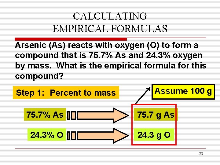 CALCULATING EMPIRICAL FORMULAS Arsenic (As) reacts with oxygen (O) to form a compound that CALCULATING EMPIRICAL FORMULAS Arsenic (As) reacts with oxygen (O) to form a compound that