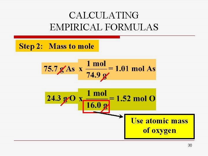 CALCULATING EMPIRICAL FORMULAS Step 2: Mass to mole 75. 7 g As 24. 3 CALCULATING EMPIRICAL FORMULAS Step 2: Mass to mole 75. 7 g As 24. 3