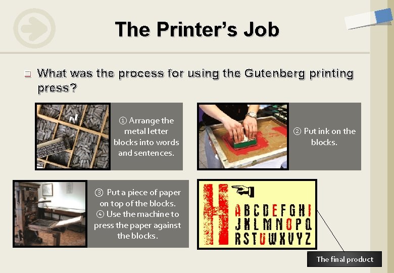 The Printer’s Job q What was the process for using the Gutenberg printing press?