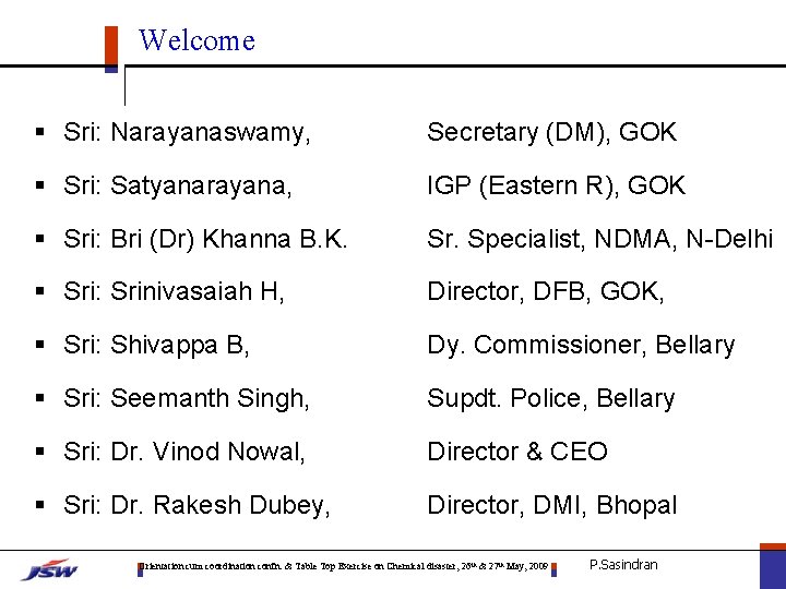 Welcome § Sri: Narayanaswamy, Secretary (DM), GOK § Sri: Satyanarayana, IGP (Eastern R), GOK