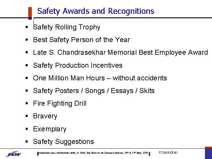 Safety Awards and Recognitions § Safety Rolling Trophy § Best Safety Person of the