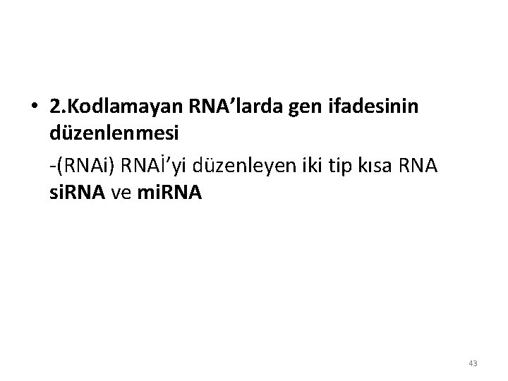 • 2. Kodlamayan RNA’larda gen ifadesinin düzenlenmesi -(RNAi) RNAİ’yi düzenleyen iki tip kısa • 2. Kodlamayan RNA’larda gen ifadesinin düzenlenmesi -(RNAi) RNAİ’yi düzenleyen iki tip kısa