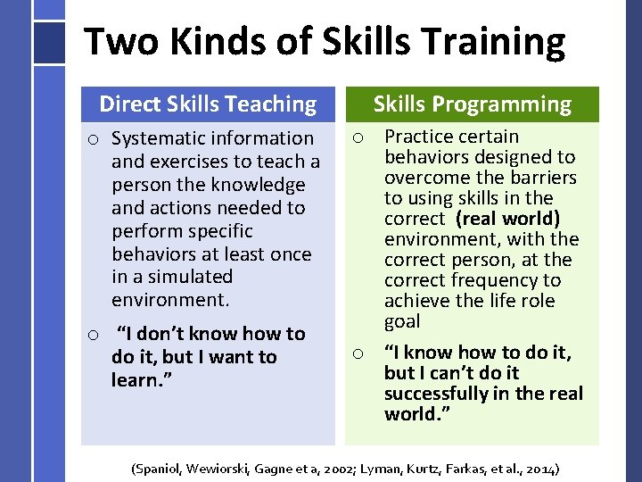 Two Kinds of Skills Training Direct Skills Teaching Skills Programming o Systematic information and