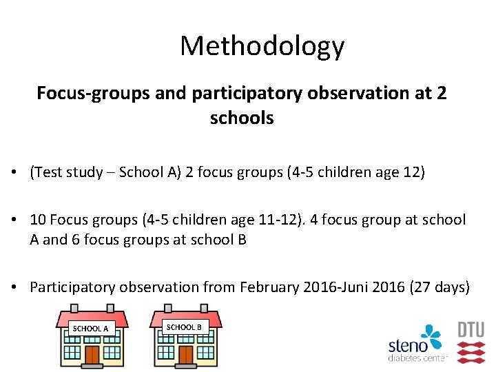 Methodology Focus-groups and participatory observation at 2 schools • (Test study – School A)