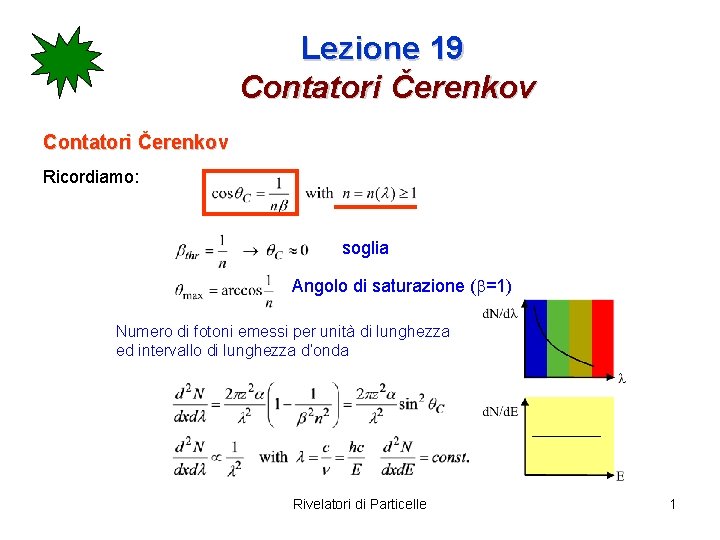 Lezione 19 Contatori Čerenkov Ricordiamo: soglia Angolo di saturazione (b=1) Numero di fotoni emessi
