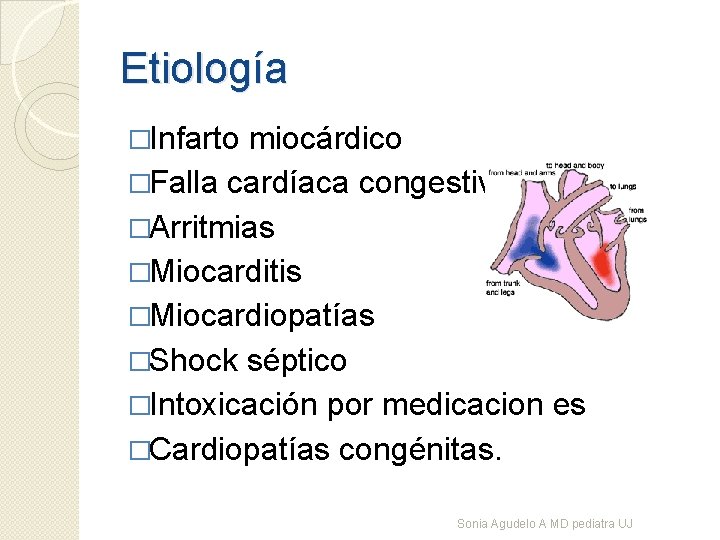 Etiología �Infarto miocárdico �Falla cardíaca congestiva �Arritmias �Miocarditis �Miocardiopatías �Shock séptico �Intoxicación por medicacion