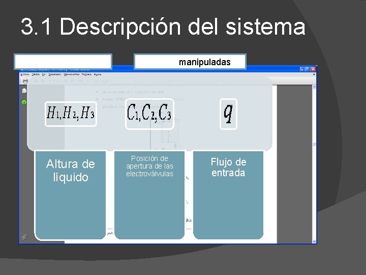 3. 1 Descripción del sistema Variable de proceso Altura de líquido Variables manipuladas Posición